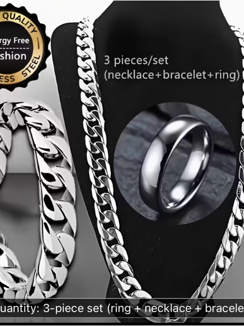 Men's Silver Chain Necklace, Bracelet & Ring 3-Piece Set